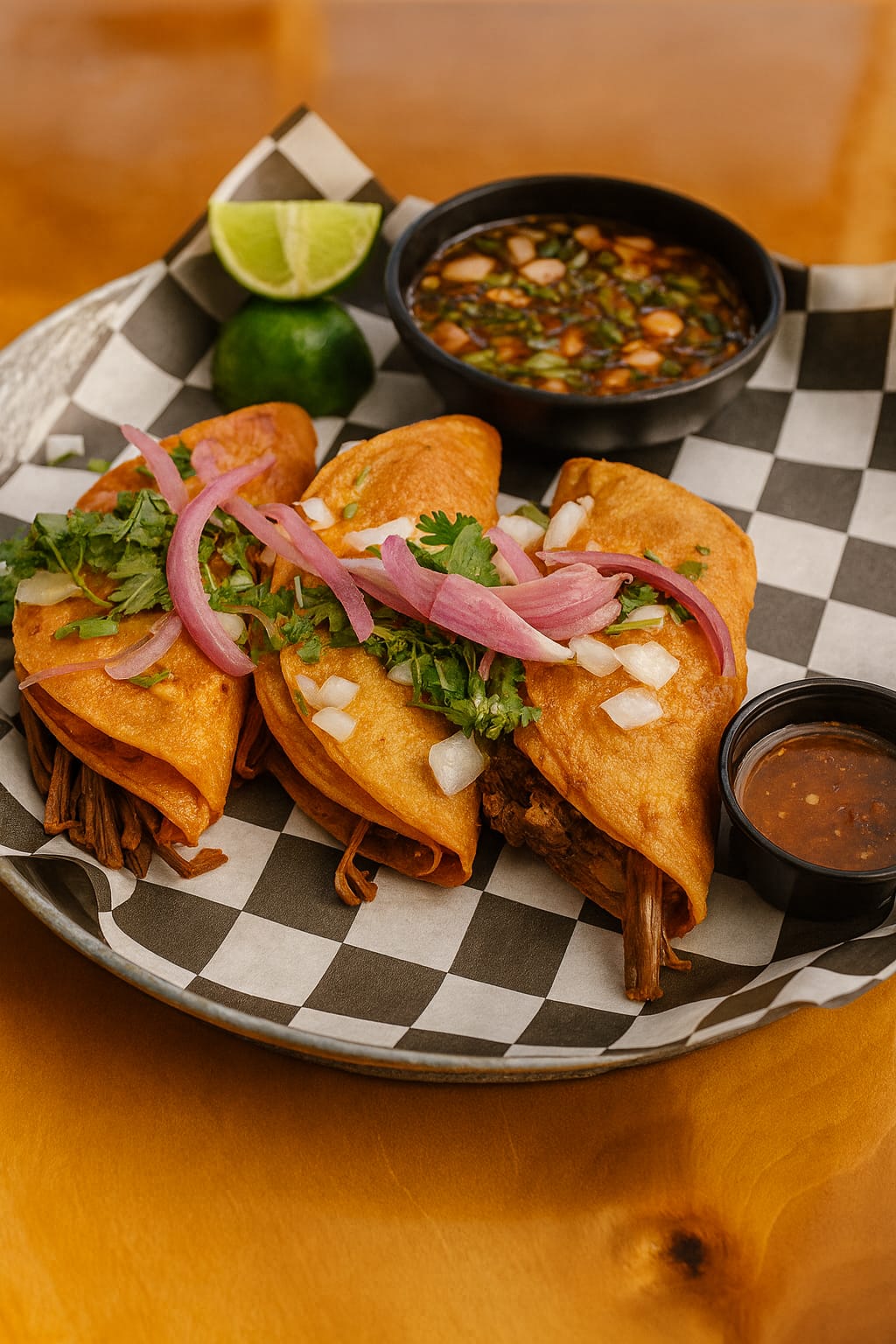 Tacos dourados com carne desfiada, cebola roxa e coentro