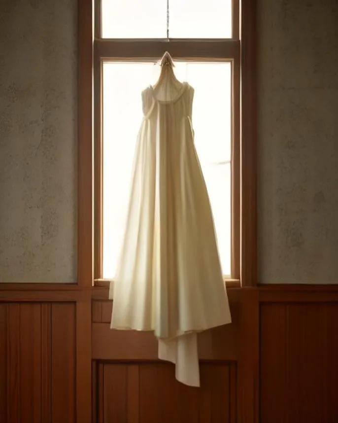 Vestido envelope em linho cru, drapeado, fotografado ao ar livre com luz de fim de tarde