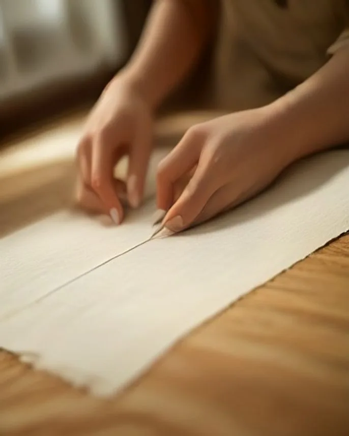Mãos cortando tecido de linho cru com tesoura sobre papel de molde